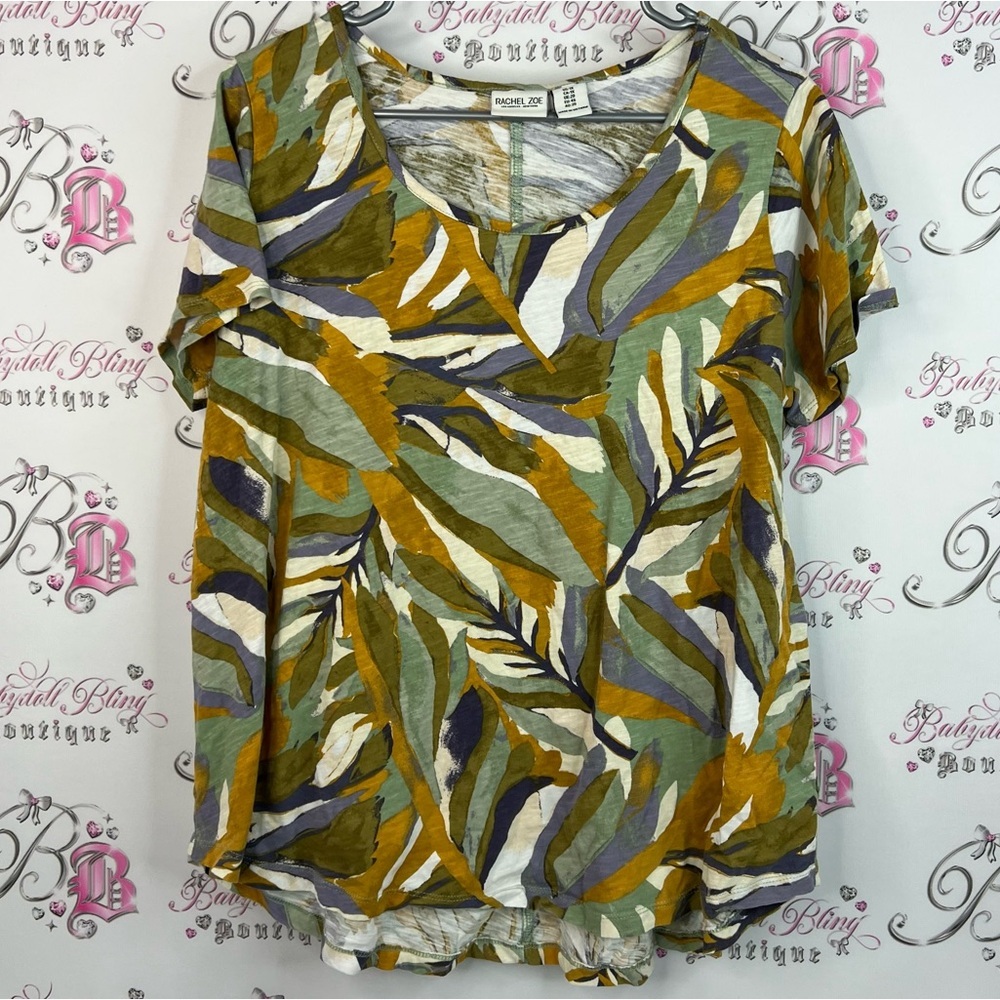 Rachel Zoe tshirt abstract paint style Olive and Mustard Leaf Print Top